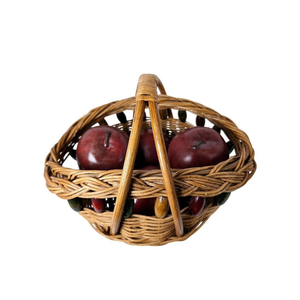 Vintage Woven Basket Wood Beads Ceramic Lifesize Apples Staging Home Décor